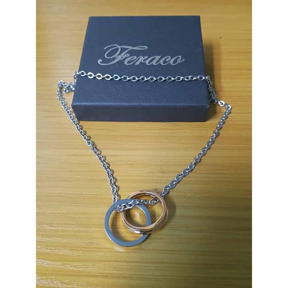 Feraco Interlocking Double Ring Pendant Necklace Two Tone Silver Rose Gold Box
